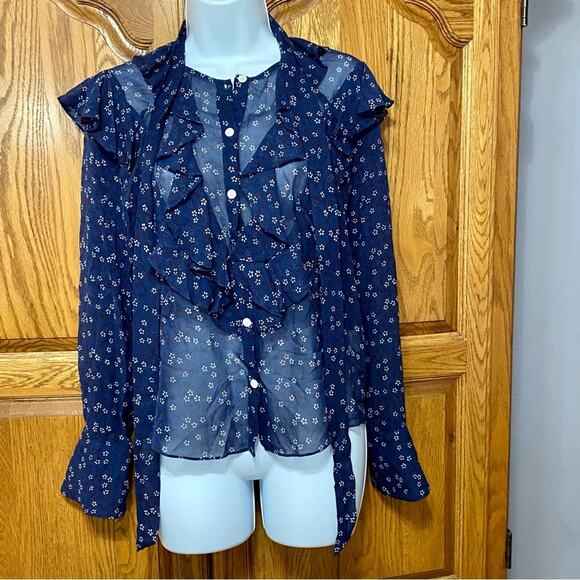 Veronica Beard Finley Silk Ruffle Tie Neck Blouse Dark Blue Floral Women’s Sz 0 - Picture 2 of 16